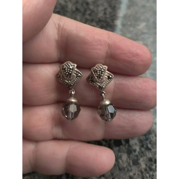 Teardrop Herkimer Marcasite Dangle Earrings, Sterling Silver  STERLING SILVER MARCASITE AND Smoky Glass DANGLING EARRINGS SO Pretty!